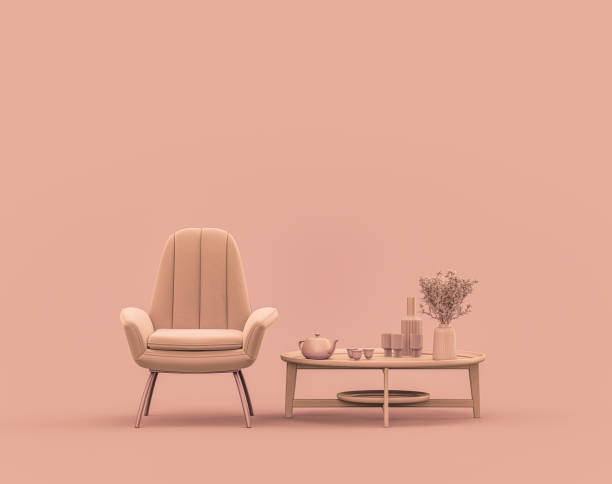 istock Single armchair and coffee table in monochrome orange color interior room with empty wall 3d Rendering 1395686229