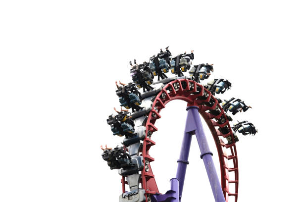 흰색 배경에 롤러 코스터 타기 - rollercoaster people amusement park ride red 뉴스 사진 이미지