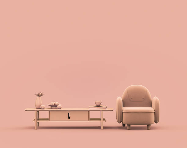 istock Single armchair and coffee table in monochrome orange color interior room with empty wall 3d Rendering 1395687077