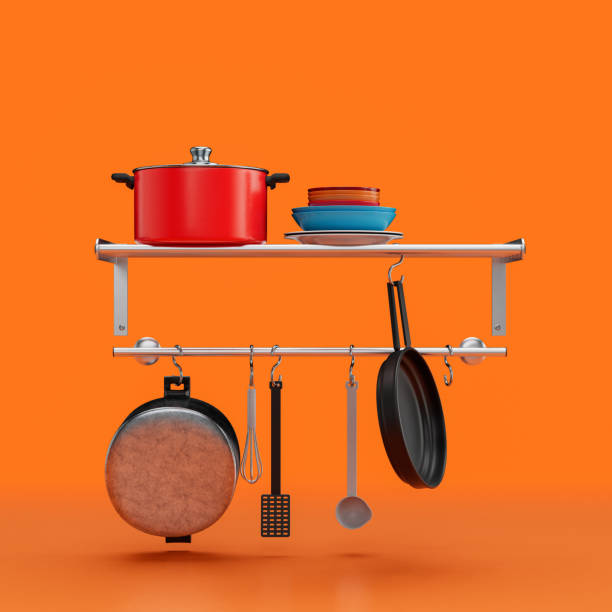 istock Vintage dishes rack, retro utensils front view, 3d rendering 1395689753
