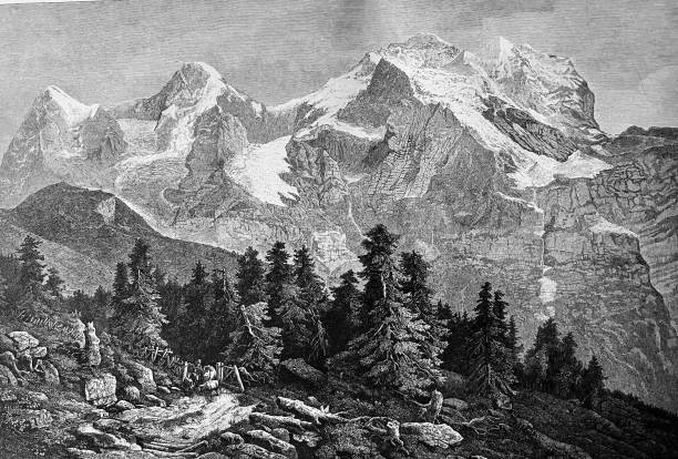 Jungfrau, seen from the Wengernalp Illustration from 19th century. history illustrations stock illustrations