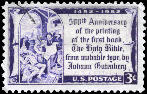 A Stamp printed in USA devoted to 500th anniv. of the printing of the 1st book, the Holy Bible, by Johann Gutenberg, circa 1952