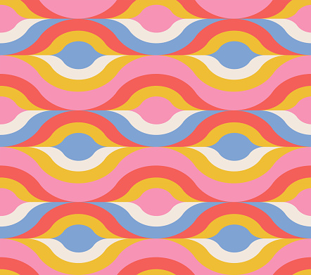 Retro psychedelic curves seamless pattern. 70s 60s style wallpaper texture for hippie positive desigh. Vector flat illustration