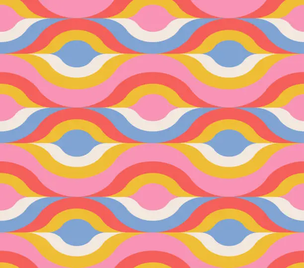 Vector illustration of Retro psychedelic curves seamless pattern. 70s 60s style wallpaper texture for hippie positive desigh. Vector flat illustration.