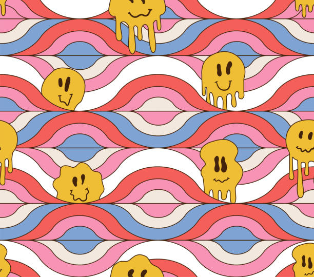 Comic crazy melt smile faces looking out of the geometry seamless pattern. Smile psychedelic emoticons melting acid,trippy, waves wallpaper print concept. Vector outline illustration. Comic crazy melt smile faces looking out of the geometry seamless pattern. Smile psychedelic emoticons melting acid,trippy, waves wallpaper print concept. Vector outline illustration lsd trip stock illustrations