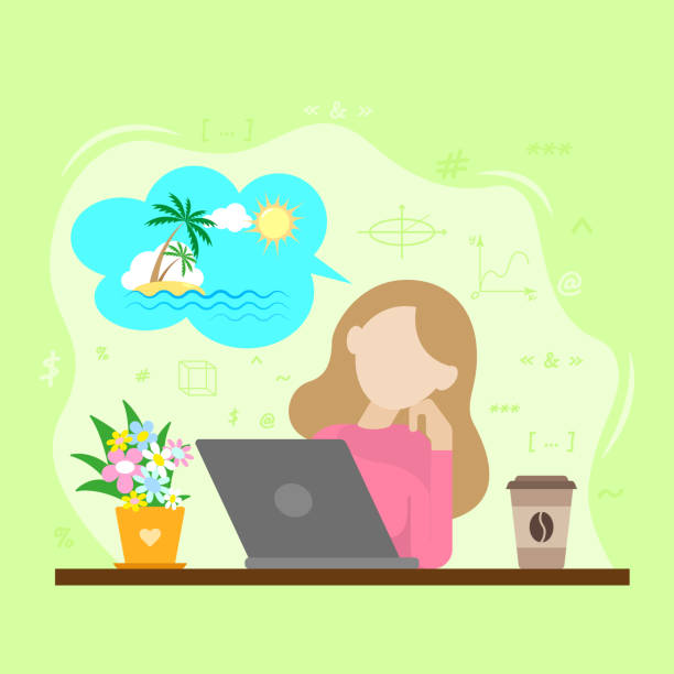 bildbanksillustrationer, clip art samt tecknat material och ikoner med woman fantasizing about vacation during busy office work - drömjobb