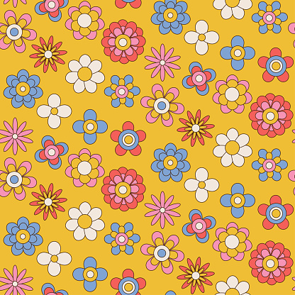Seamless pattern with cute retro groovy flowers on yellow background. Vintage texture for kids textile, wrapping paper. Cartoon 70s-80s comic style background for children. Vector illustration