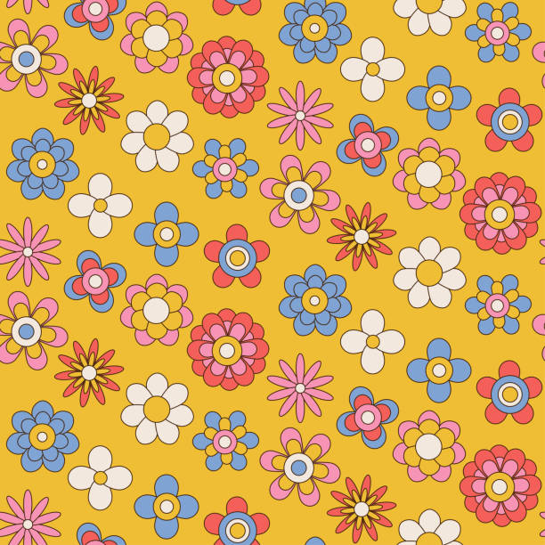 Seamless pattern with cute retro groovy flowers on yellow background. Vintage texture for kids textile, wrapping paper. Cartoon 70s-80s comic style background for children. Vector illustration. Seamless pattern with cute retro groovy flowers on yellow background. Vintage texture for kids textile, wrapping paper. Cartoon 70s-80s comic style background for children. Vector illustration 70s retro wallpaper stock illustrations