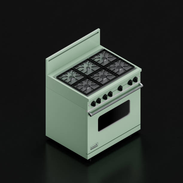 istock Vintage gas stove oven, retro kitchen isometric appliance, 3d rendering 1395691542