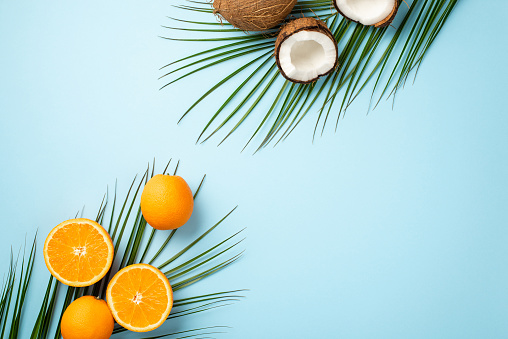Summer concept. Top view photo of cracked coconuts oranges and palm leaves on isolated pastel blue background with copyspace
