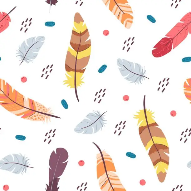 Vector illustration of Feather seamless pattern. Color feathers print, pastel rustic decorative ornament. Bohemian tribal background. Cute boho style scandinavian decent vector texture
