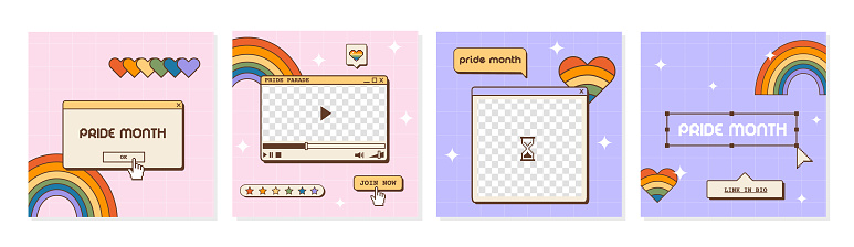 Set of vaporwave retro futuristic lofi social media post for LGBTQ Pride Month. 80s 90s Y2K aesthetic square banners. Queer greeting cards with old computer dialog window, rainbow and heart. Vector