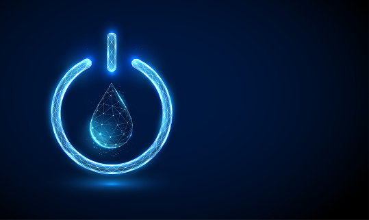 Abstract blue water drop inside the glowing power button.  Low poly style design. Geometric background. Wireframe light connection structure. Modern 3d graphic. Vector illustration.