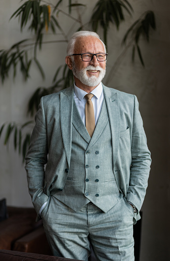 Portrait of a senior businessman in a full suit. CEO with grey hair, business wear. Senior man in a three piece suit and a neck tie.