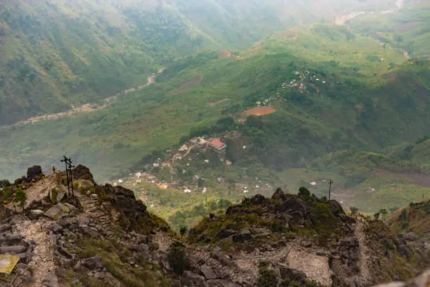 Photo of small remote village nestled in mountain valley from top angle