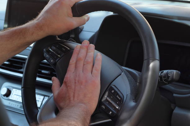 istock Driver suffering road rage and honking horn 1395701175