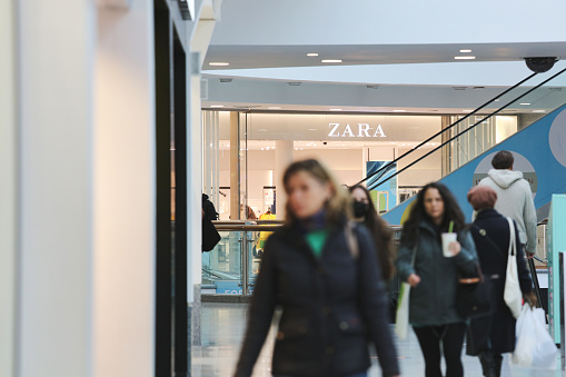 East Dean, Eastbourne, England - March 24, 2022: A general view of The Zara store at the newly opened Churchill Square shopping mall on March 24 2022, in Brighton, England.