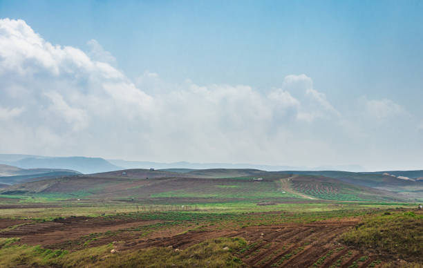 istock mountainside agriculture farming fields with bright blue sky at morning from flat angle 1395701851