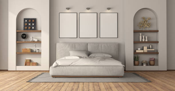 istock Minimalist bedroom with niche and poster mock up 1395702911