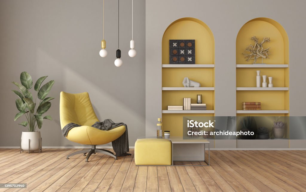 Yellow and gray modern living room Yellow and gray modern living room with armchair and two niche with shelves - 3d rendering
Note: room does not exist in reality, Property model is not necessary Shelf Stock Photo