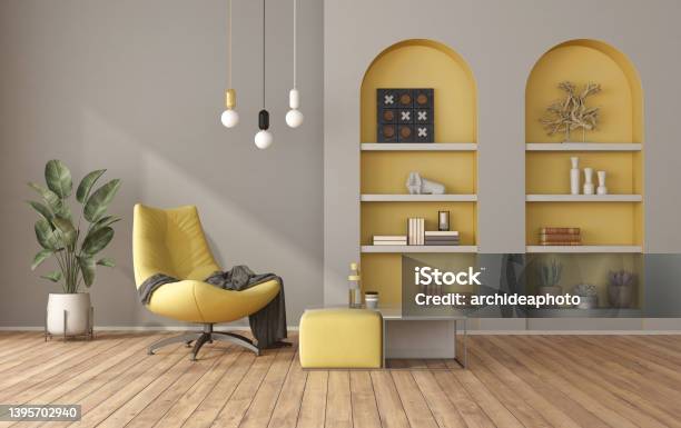 Yellow And Gray Modern Living Room Stock Photo - Download Image Now - Shelf, Arch - Architectural Feature, Niche