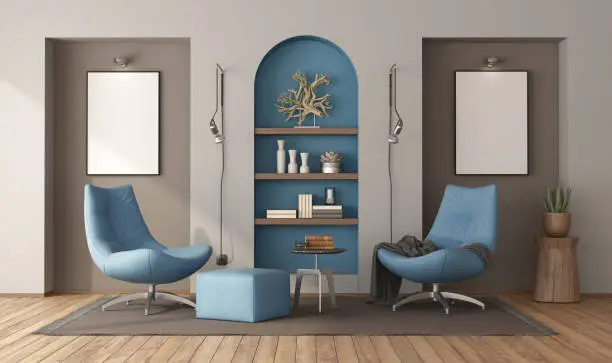 Vertical poster mockup, niche with shelves in living room interior with armchairs - 3d rendering
 Note: room does not exist in reality, Property model is not necessary