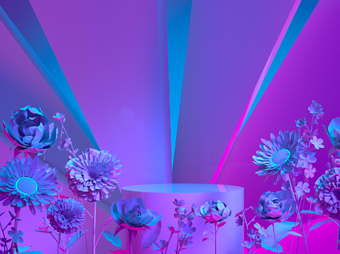 Futuristic neon catwalk with flowers in the metaverse. 3D Render.