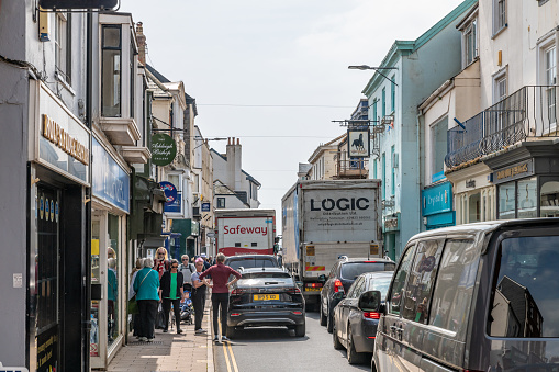 Sidmouth, UK. Friday 29 April 2022. Traffic at a standstill in Sidmouth, Devon