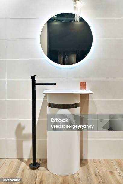 Washbasin And Mirror In Bathroom Stock Photo - Download Image Now - Bathroom Sink, Apartment, Bar Of Soap