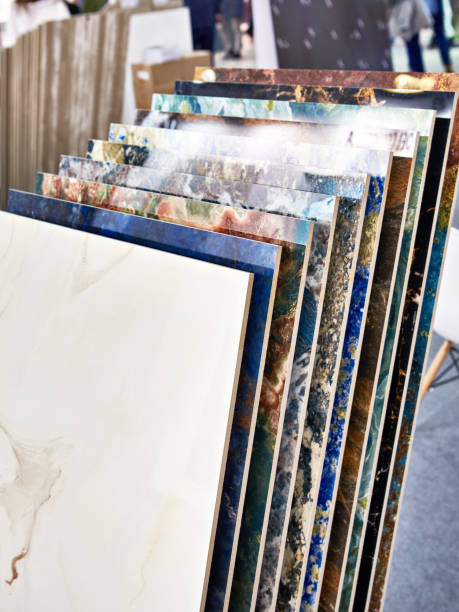 istock Colored pattern porcelain stoneware tiles in store 1395704896