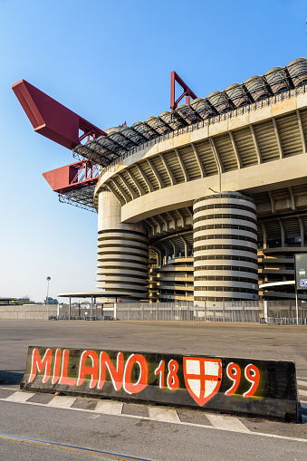 Milan, Italy - March 28, 2022: A graffiti in tribute to AC Milan football club in front of the San Siro football stadium, home stadium of both Inter Milan and AC Milan football clubs.