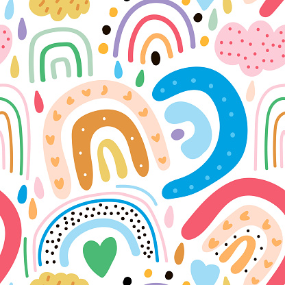 Childish seamless pattern with  creative rainbows, clouds, hearts and  hand drawn textures. Trendy kids vector background.
