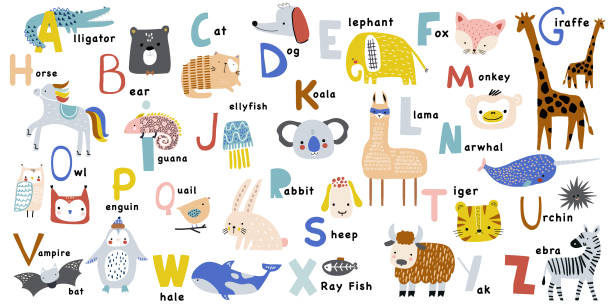 Cartoon abc childish collection. Letters with cute animals. Alphabet decorative. Great for education, poster, wall art. Cartoon abc childish collection. Letters with cute animals. Alphabet decorative. Great for education, poster, wall art. kid goat stock illustrations