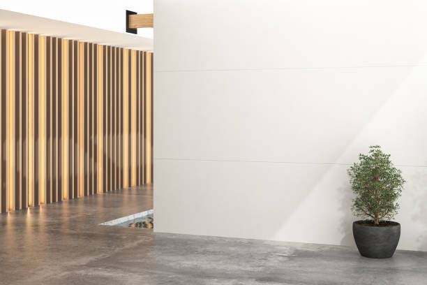 istock Empty room without furniture, include plants, pool, white wall and city view 1395707383