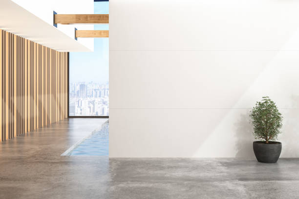 istock Empty room without furniture, include plants, pool, white wall and city view 1395707384