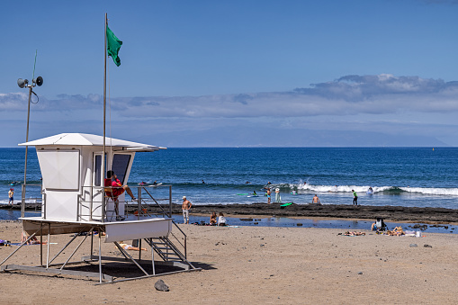 Lifeguard tower on the beach at Playa de las Americas which is a popular tourist location on the south coast of the the Spanish Canary Island Tenerife.