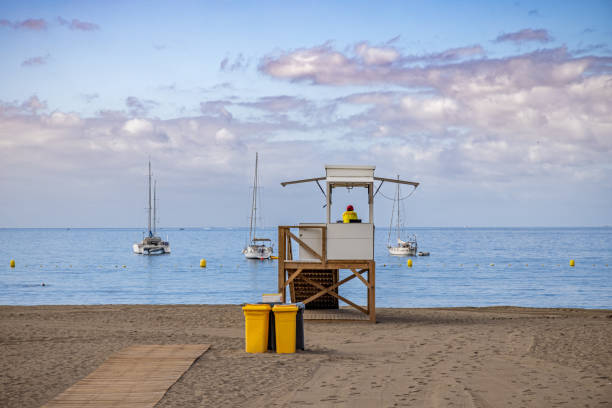 Early morning view of a beach lifeguard tower in Puerto Escondido, Mexico