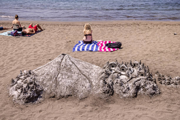 Two dolphins sculpted from sand lie nose-to-nose on a beach with a heart shape between them, creating a playful and romantic seaside scene full of charm and creativity.