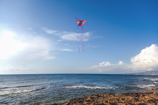 Summer vacation and travel concept. Bright kite in the blue sky  over the sea
