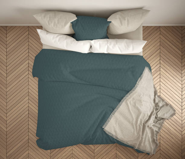 istock Scandinavian classic bedroom, top view, closeup on double white and blue bed, parquet floor, contemporary modern interior design 1395711708