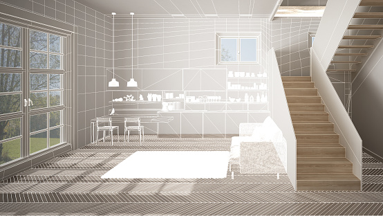 Empty white interior with white herringbone parquet floor, custom architecture design project, white ink sketch, blueprint showing modern kitchen, concept, mock-up, architecture idea