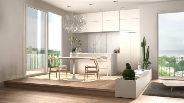 istock Eco green interior design, white living room with sofa, kitchen with dining table, succulent potted plants, parquet floor, window on panoramic balcony. Sustainable architecture 1395711759