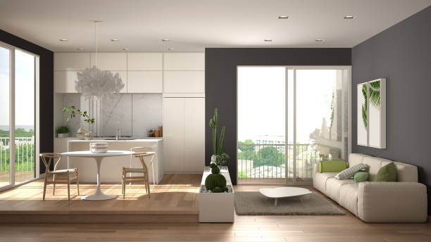 istock Eco green interior design, white and gray living room with sofa, kitchen with dining table, succulent potted plants, parquet floor, window, panoramic balcony. Sustainable architecture 1395711762