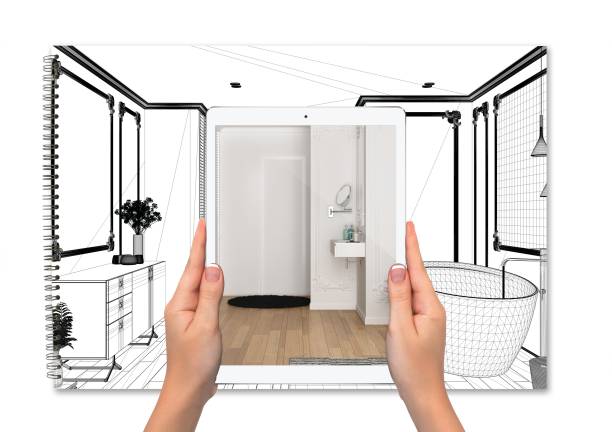 istock Hands holding tablet showing minimal luxury bathroom, total blank project background, augmented reality concept, application to simulate furniture and interior design products 1395711775
