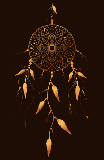 dreamcatcher with mandala ornament and bird feathers. Gold Mystic symbol, Ethnic art with native American Indian boho design, vector isolated on old vintage black background