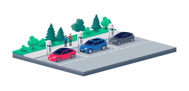istock Electric cars parallel parking charging on city street road sideway. 1395716612