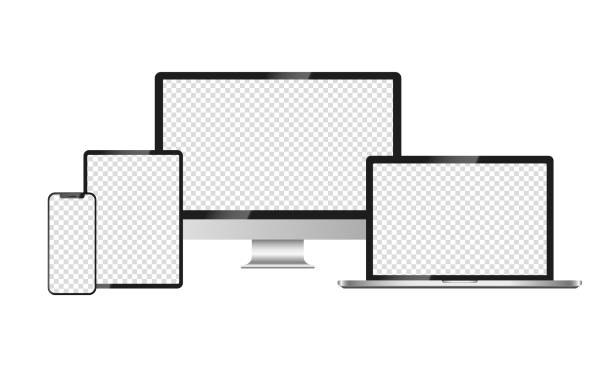 реалистичные макеты устройств apple на изолированном фоне. векторный набор телефона, пл аншета, ноутбука и компьютера. пустой макет экрана, се� - computer stock illustrations