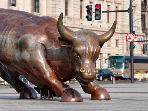 Shanghai, China - March 2, 2022: Bronze bull on The Bund in Shanghai, Iron bull statue in front of Chinese banks on the Waitan Bund promenade, close up view.