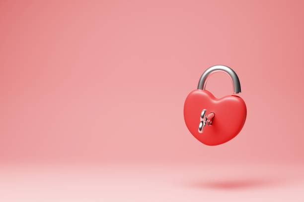 istock Open heart lock with key on pastel background. 3d render 1395722347