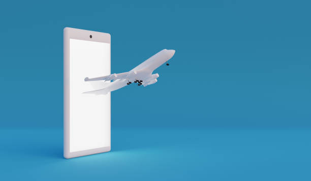istock Airplane flying from smartphone on blue background. 3d render 1395722355